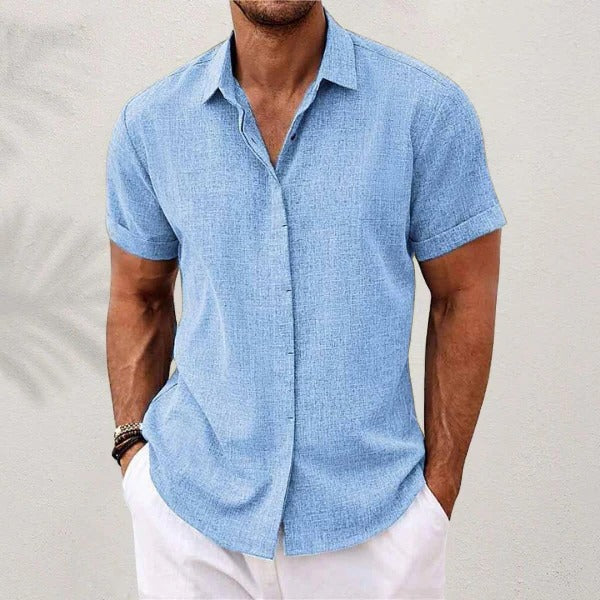 Men's Linen Shirt - Short Sleeve and Open Collar - Beach