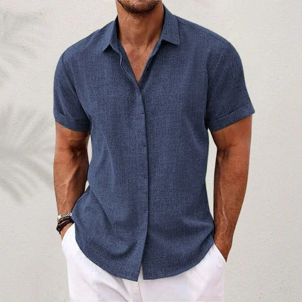 Men's Linen Shirt - Short Sleeve and Open Collar - Beach