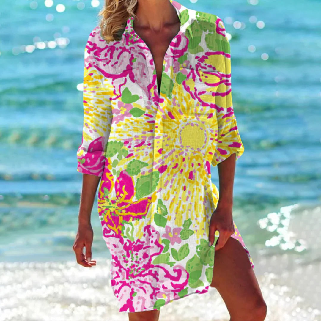 Vestido de Playa para Mujer Womens Beach Cover Ups Estampado con Botones y Manga Larga