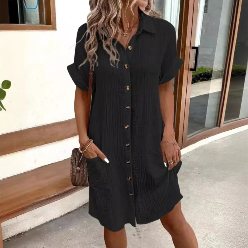 Rochie Cămașă din In și Bumbac cu Nasturi și Buzunare pentru Femei