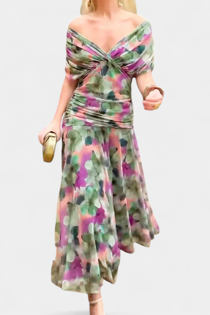 Vestido comprido para mulher — decote em V e corpo franzido — casamento