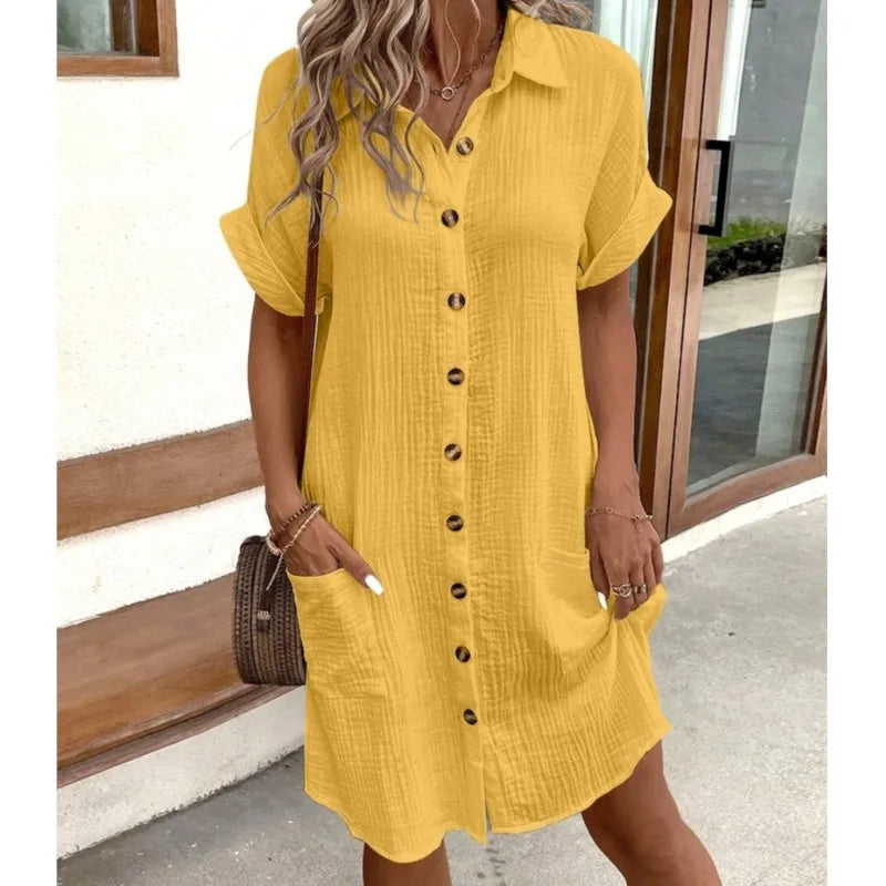 Rochie Cămașă din In și Bumbac cu Nasturi și Buzunare pentru Femei