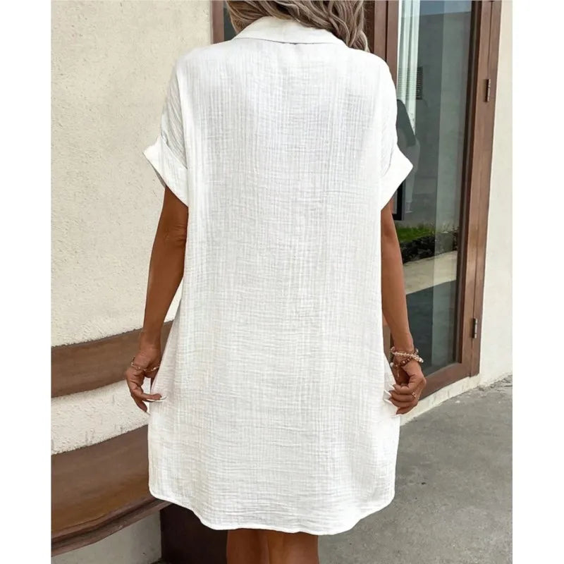 Rochie Cămașă din In și Bumbac cu Nasturi și Buzunare pentru Femei
