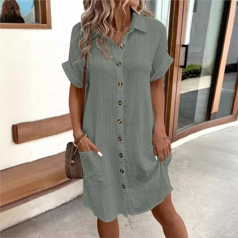 Vestido Camisero de Lino y Algodón con Botones y Bolsillos para Mujer