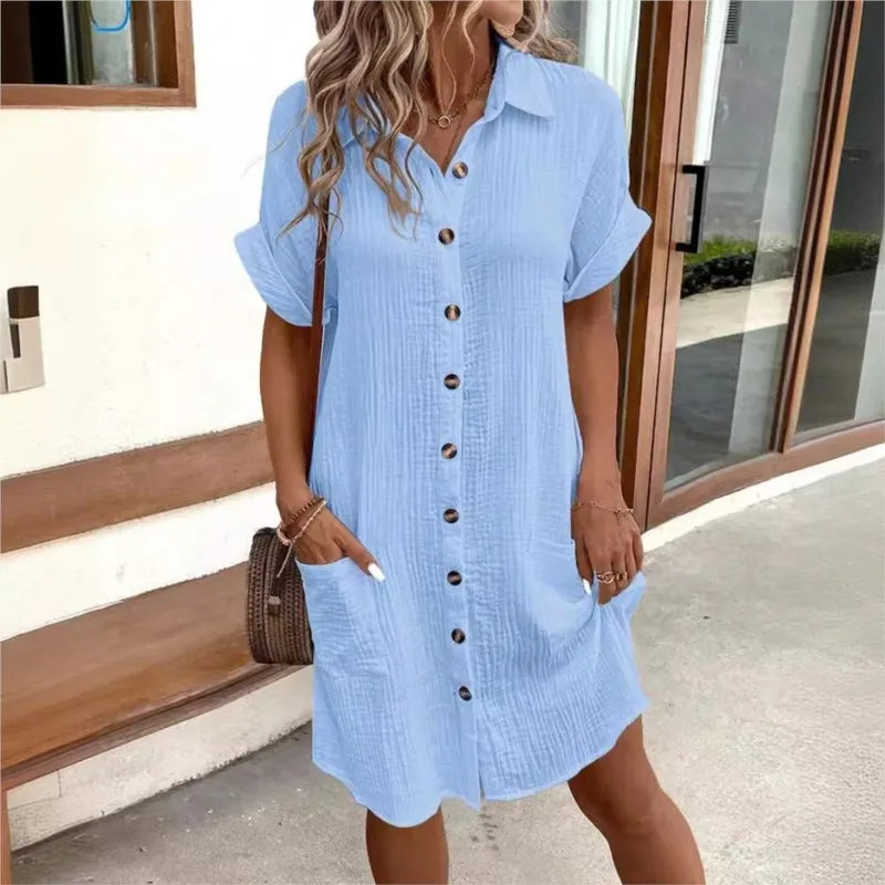 Rochie Cămașă din In și Bumbac cu Nasturi și Buzunare pentru Femei
