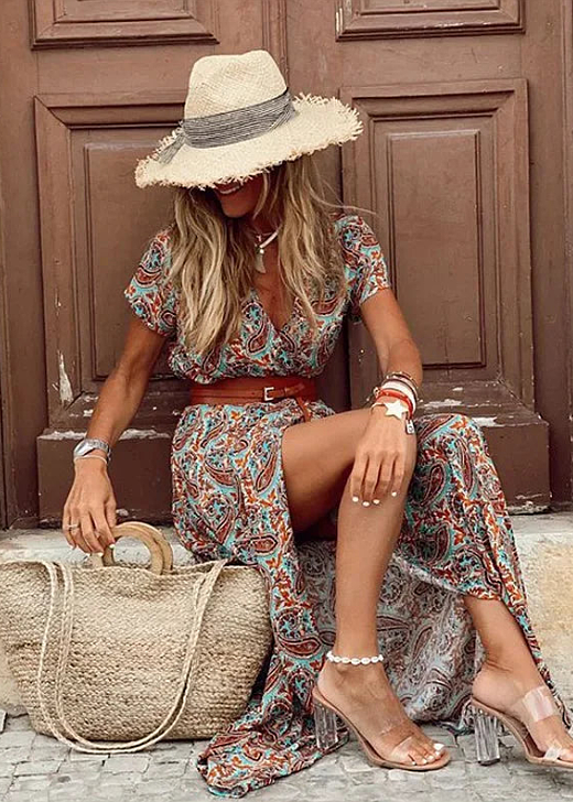 Bohemian Long Dress with Floral Print, V-Neck, and Belt for Women