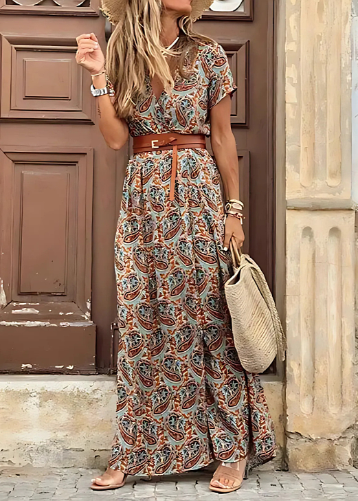 Bohemian Long Dress with Floral Print, V-Neck, and Belt for Women