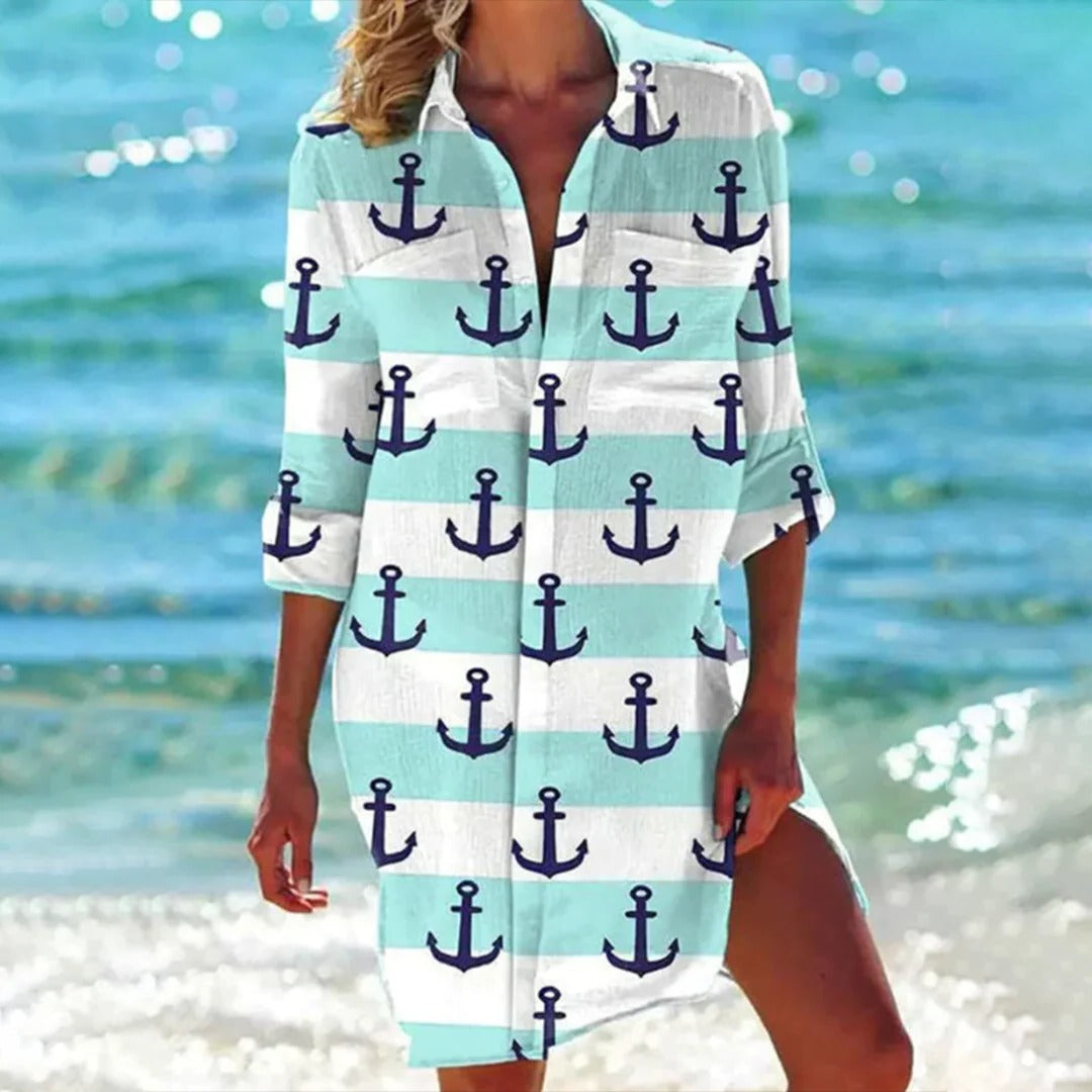 Vestido camisola estampado tropical para mulher com manga regulável para praia