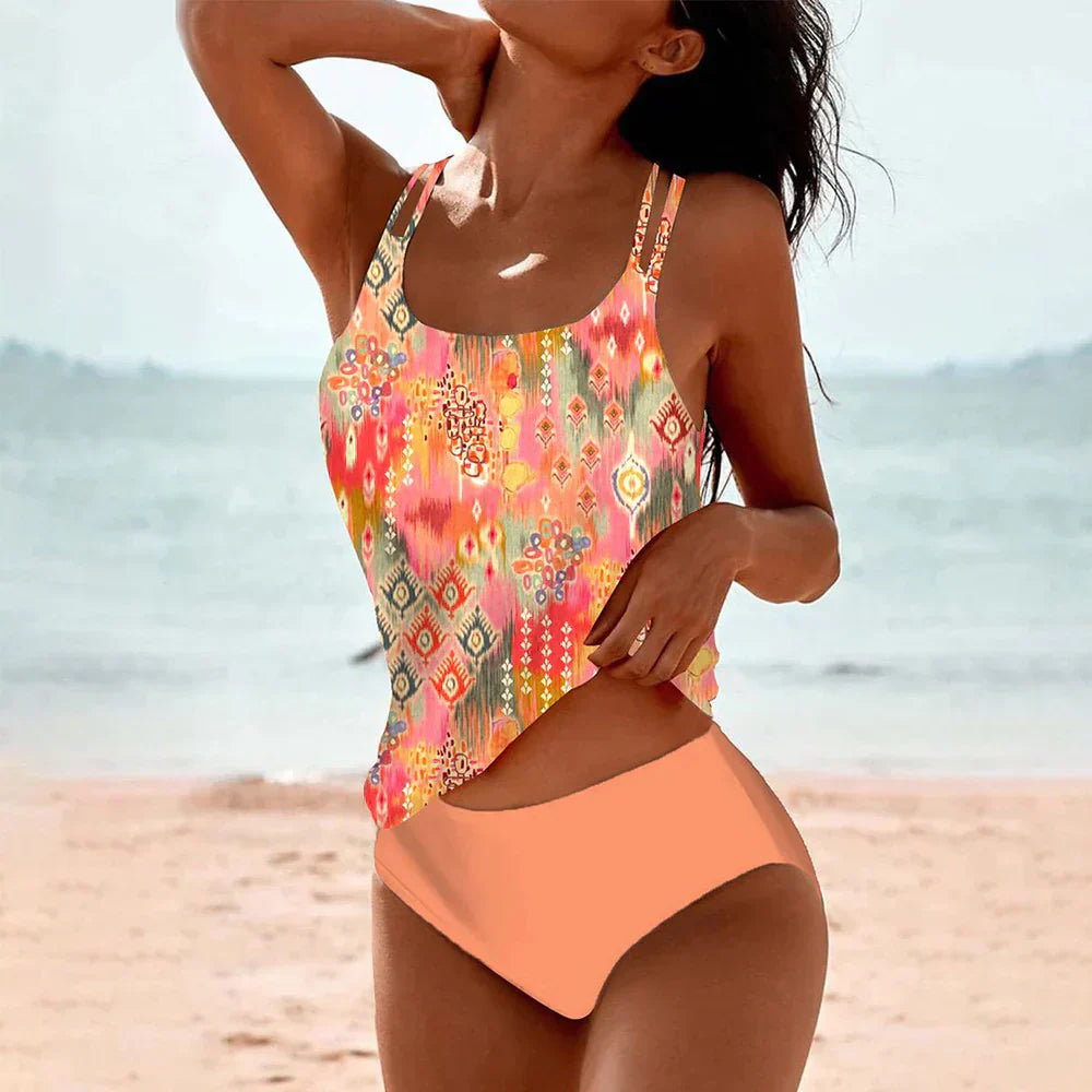 Δίχρωμο tankini με εθνοτικό σχέδιο και διπλές τιράντες για γυναίκες