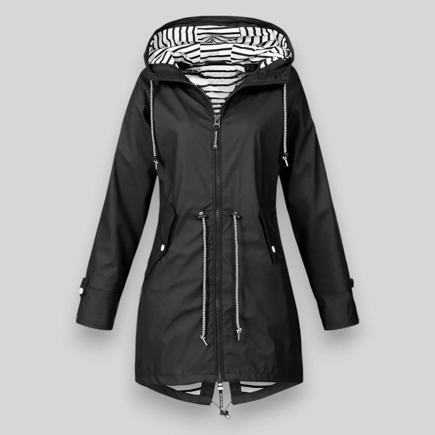 Imperméable long avec capuche et taille ajustable en polyester pour femme