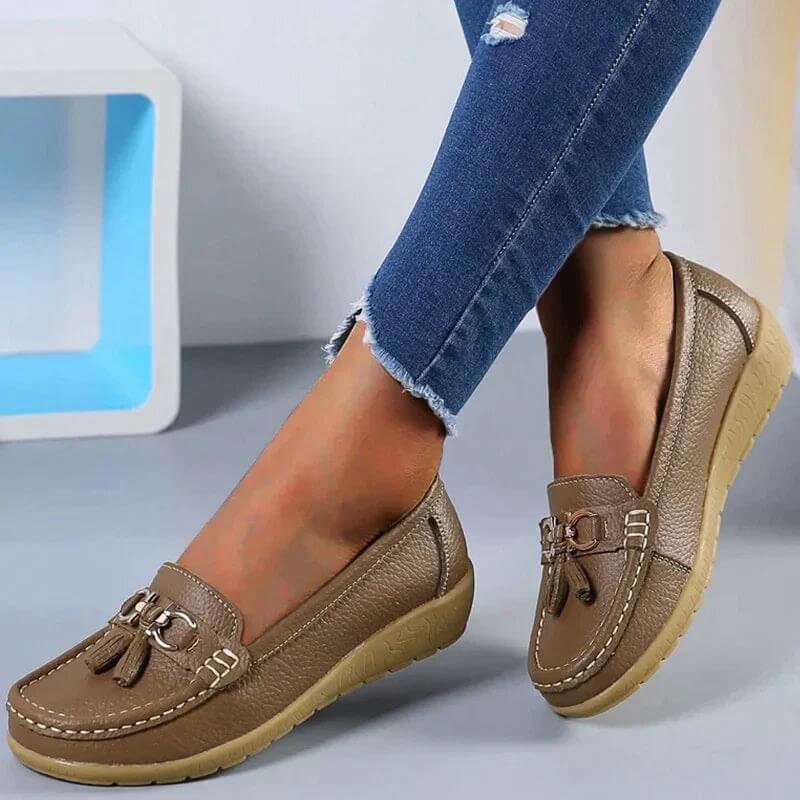 Women's Leather Loafers - Flat Tassel Shoes - Walking