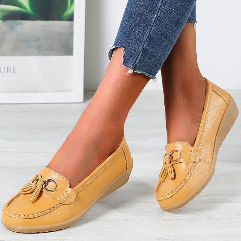 Women's Leather Loafers - Flat Tassel Shoes - Walking