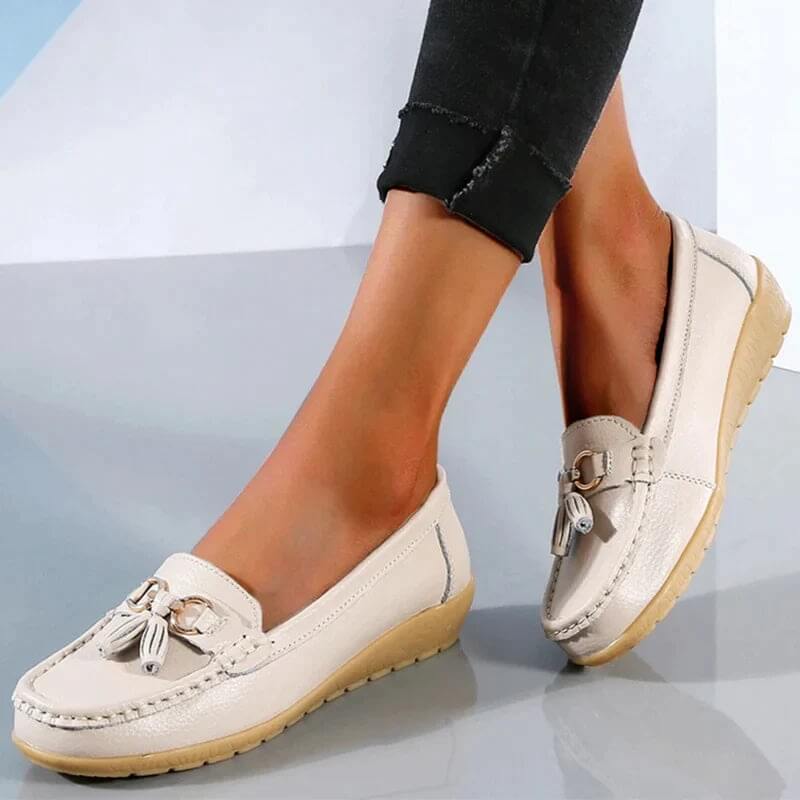 Women's Leather Loafers - Flat Tassel Shoes - Walking