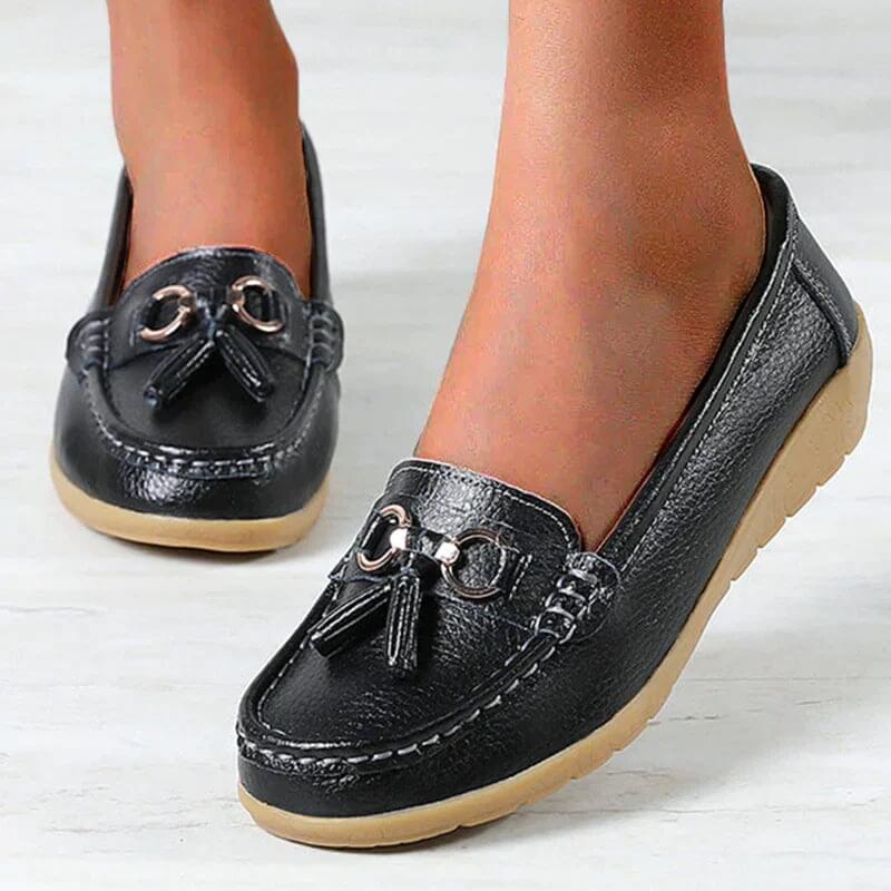 Women's Leather Loafers - Flat Tassel Shoes - Walking