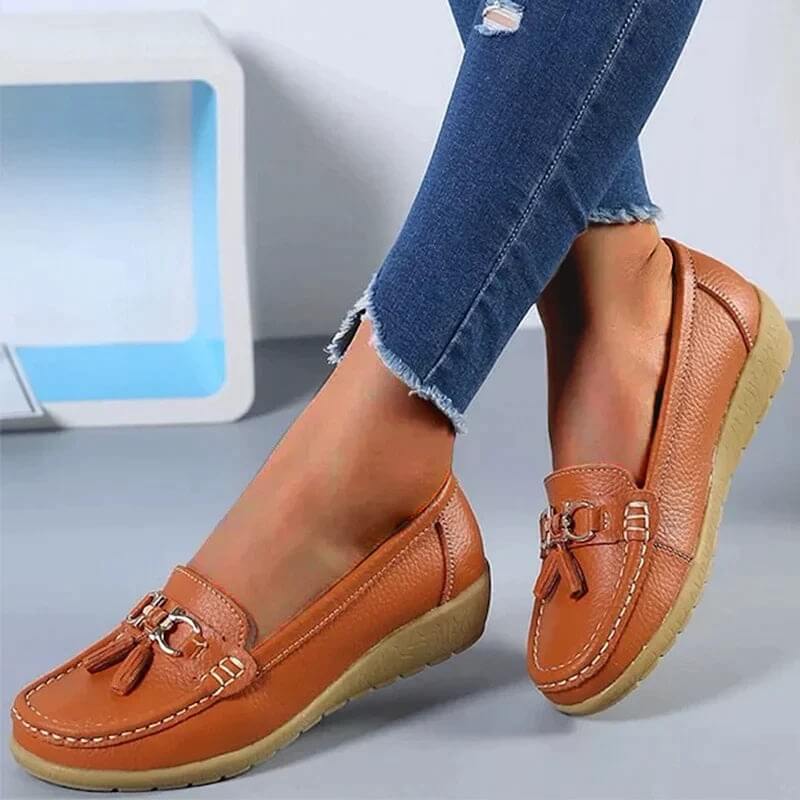 Women's Leather Loafers - Flat Tassel Shoes - Walking