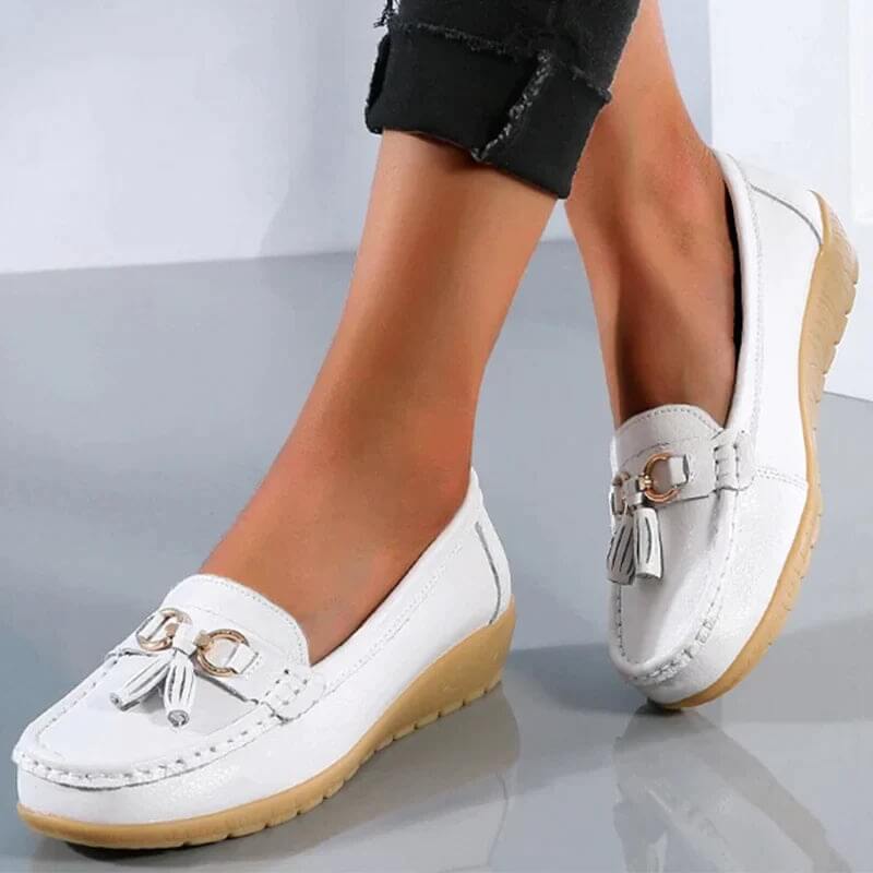 Women's Leather Loafers - Flat Tassel Shoes - Walking