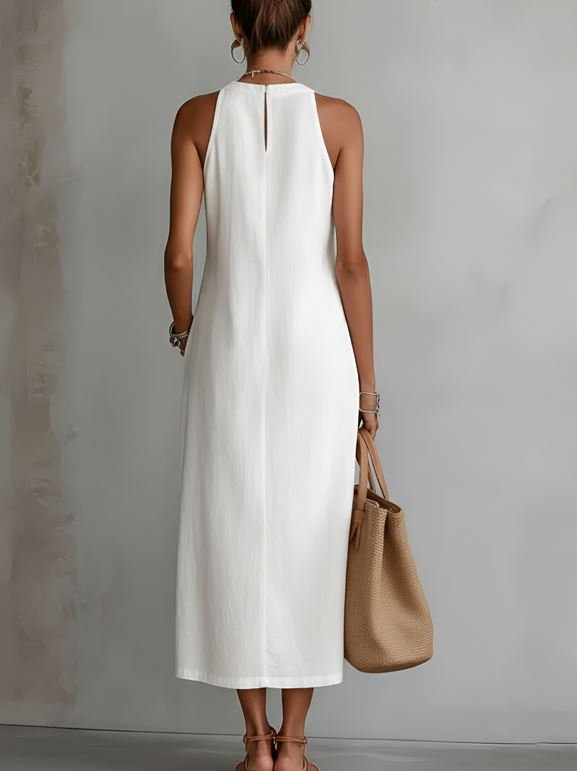 Vestido midi bordado | sin mangas | cuello redondo | para eventos