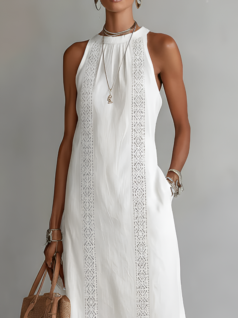 Vestido midi bordado | sin mangas | cuello redondo | para eventos