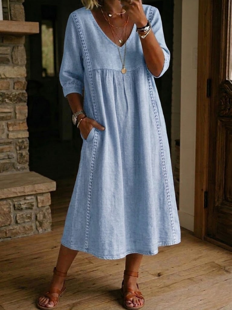 Vestido largo para mujer - diseño patchwork holgado con bolsillos casual