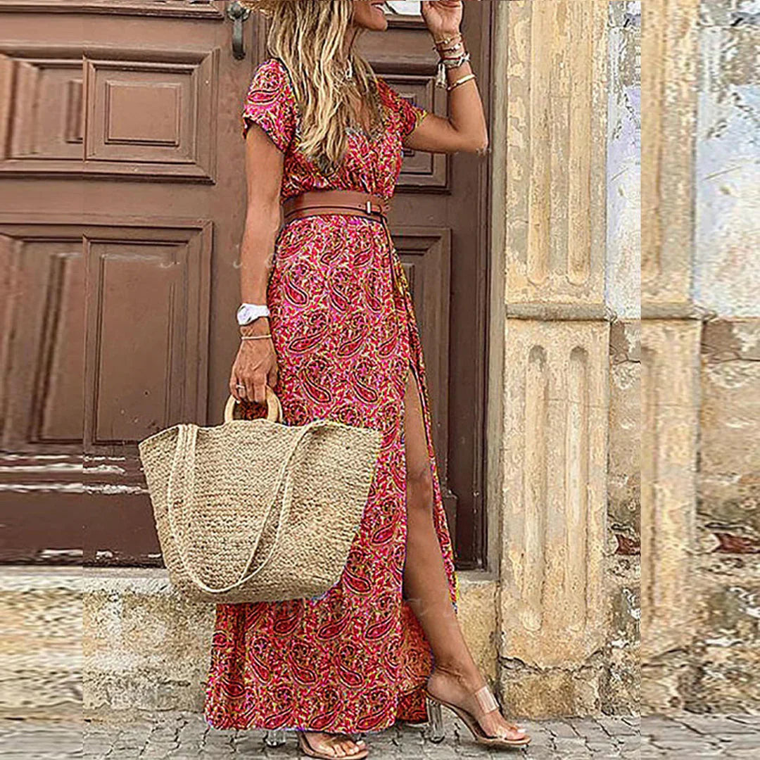 Bohemian Long Dress with Floral Print, V-Neck, and Belt for Women