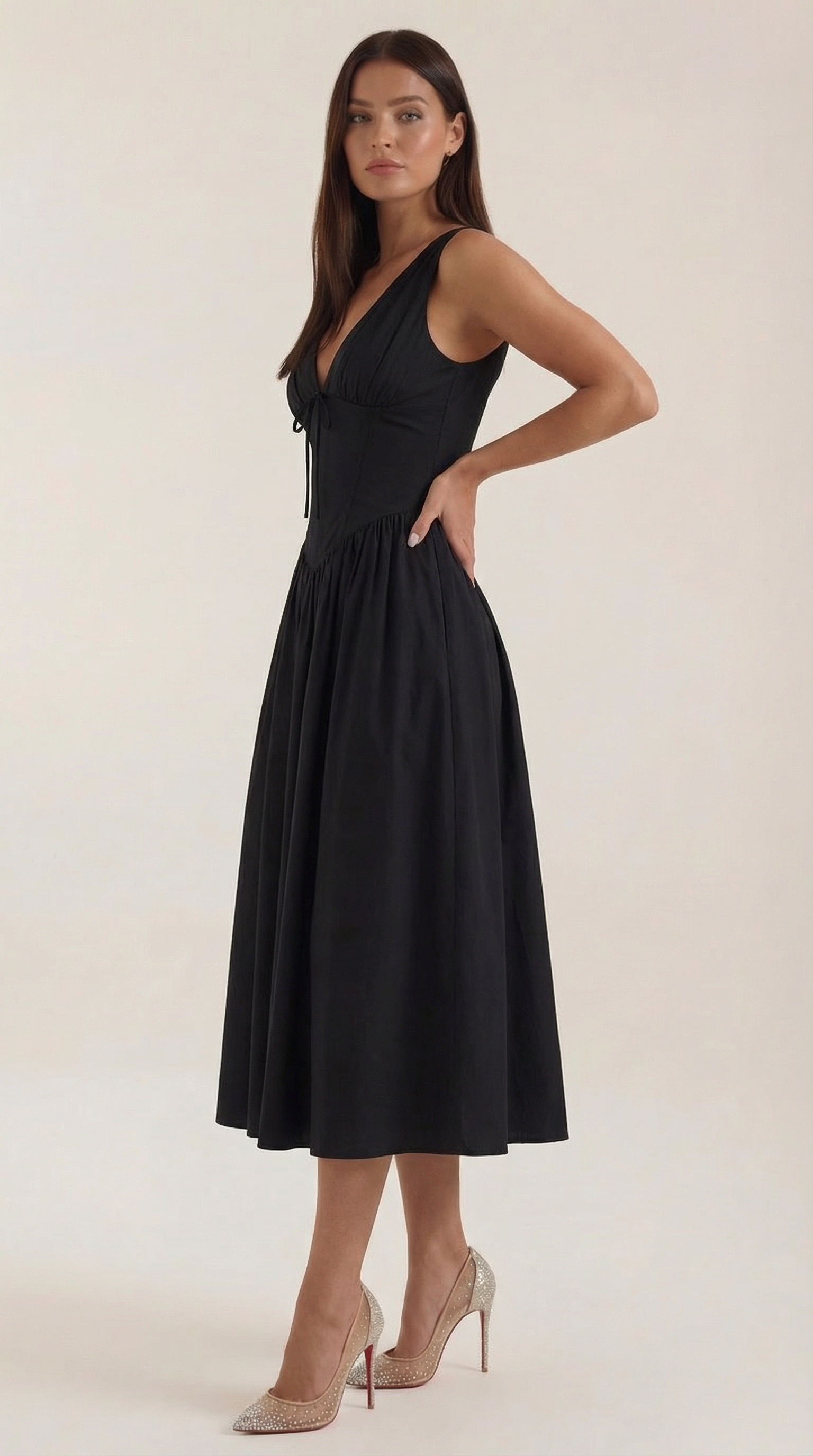 Robe midi décolletée en V profond taille haute avec dos nu pour femme