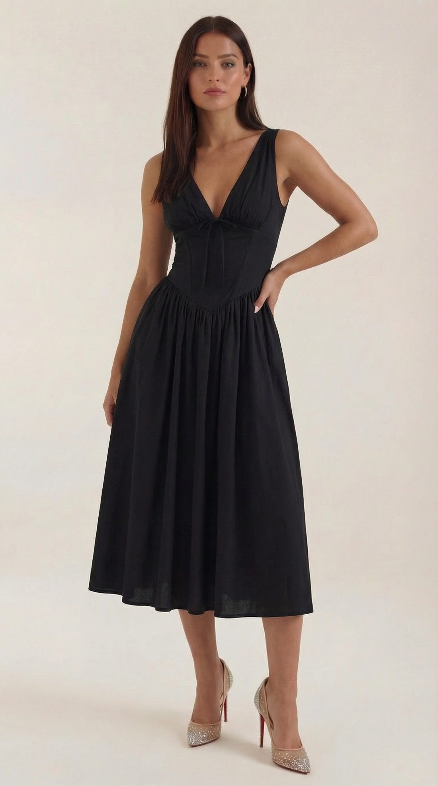 Robe midi décolletée en V profond taille haute avec dos nu pour femme