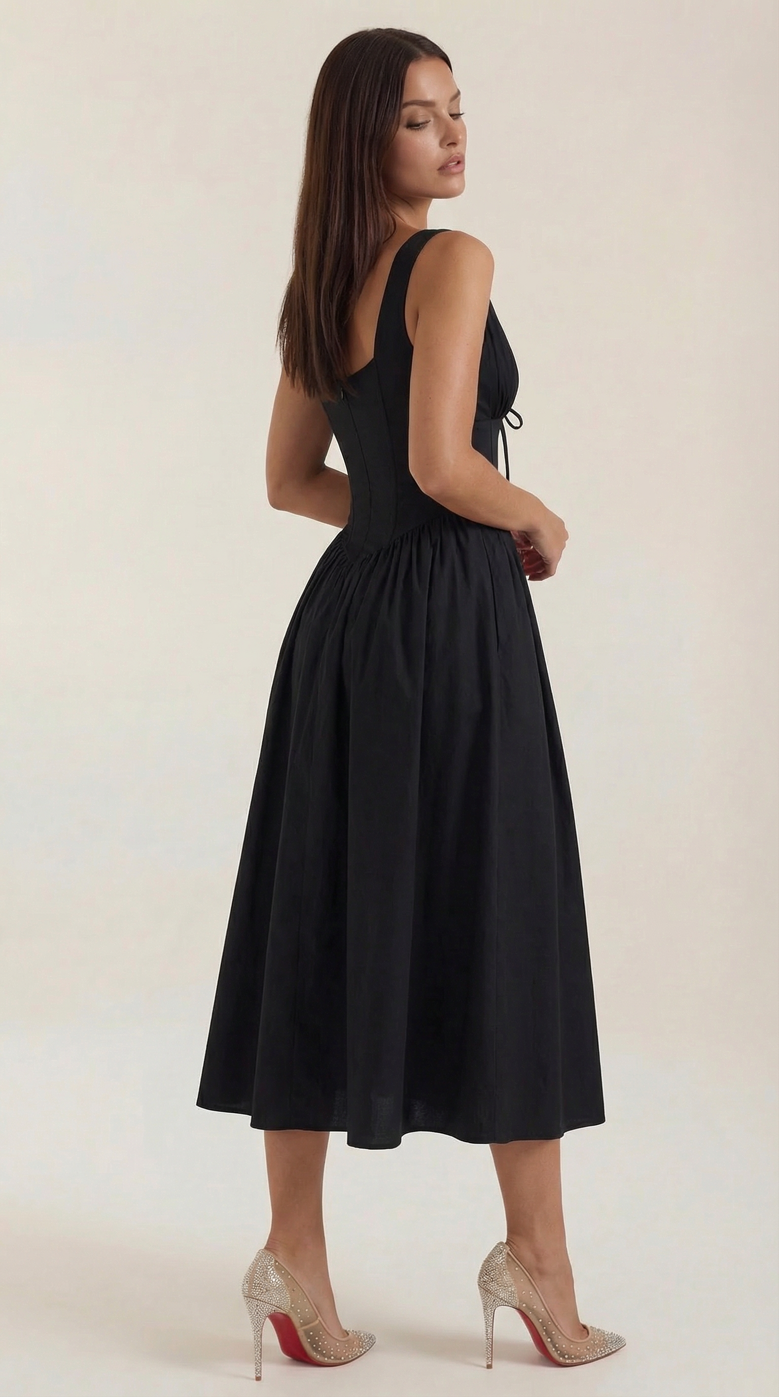 Robe midi décolletée en V profond taille haute avec dos nu pour femme