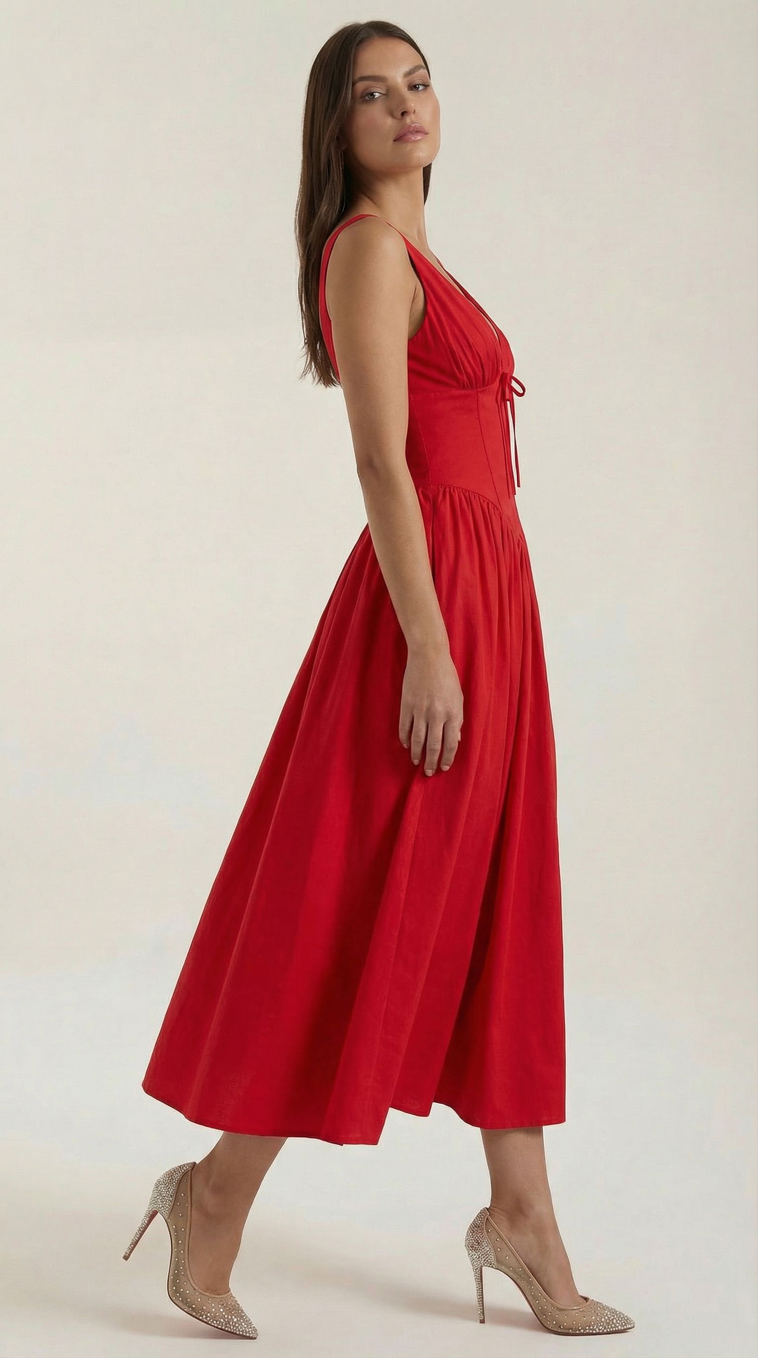 Robe midi décolletée en V profond taille haute avec dos nu pour femme