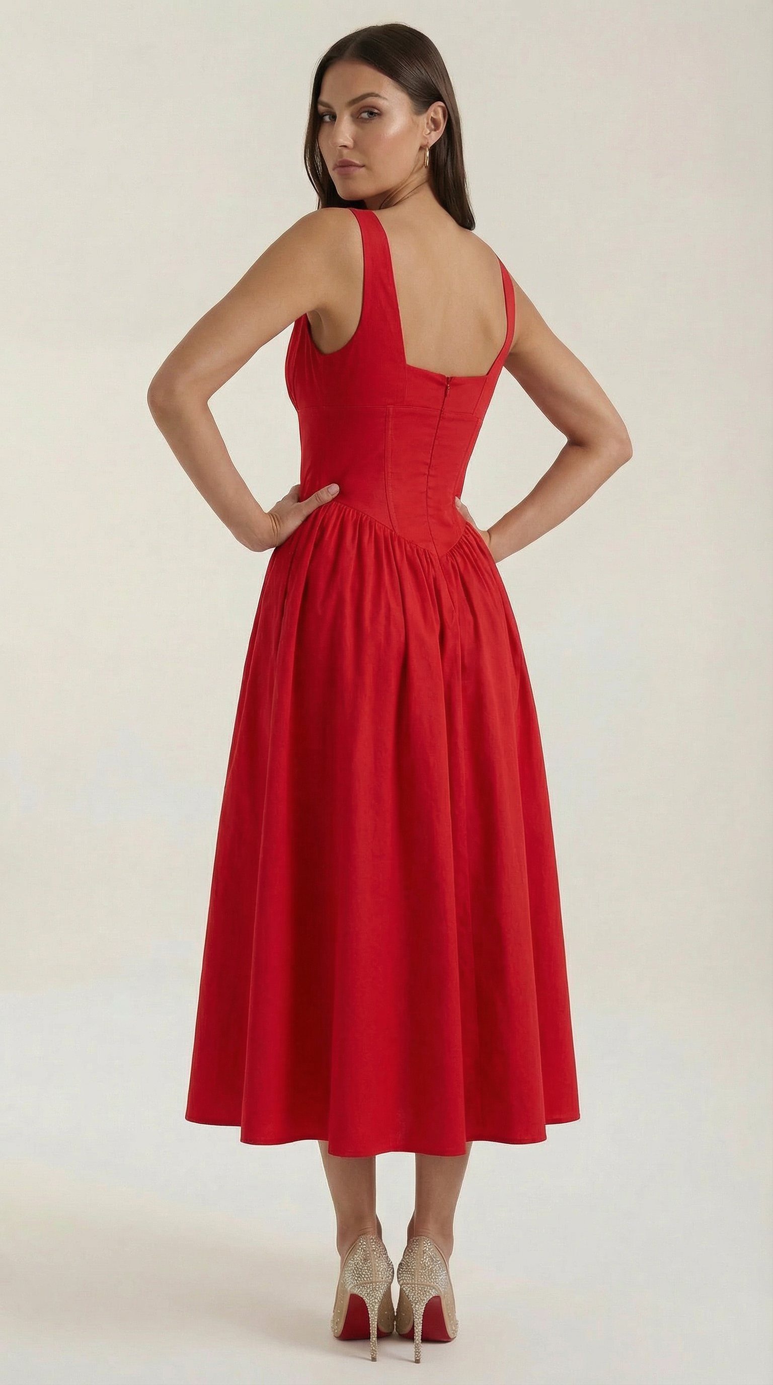Robe midi décolletée en V profond taille haute avec dos nu pour femme