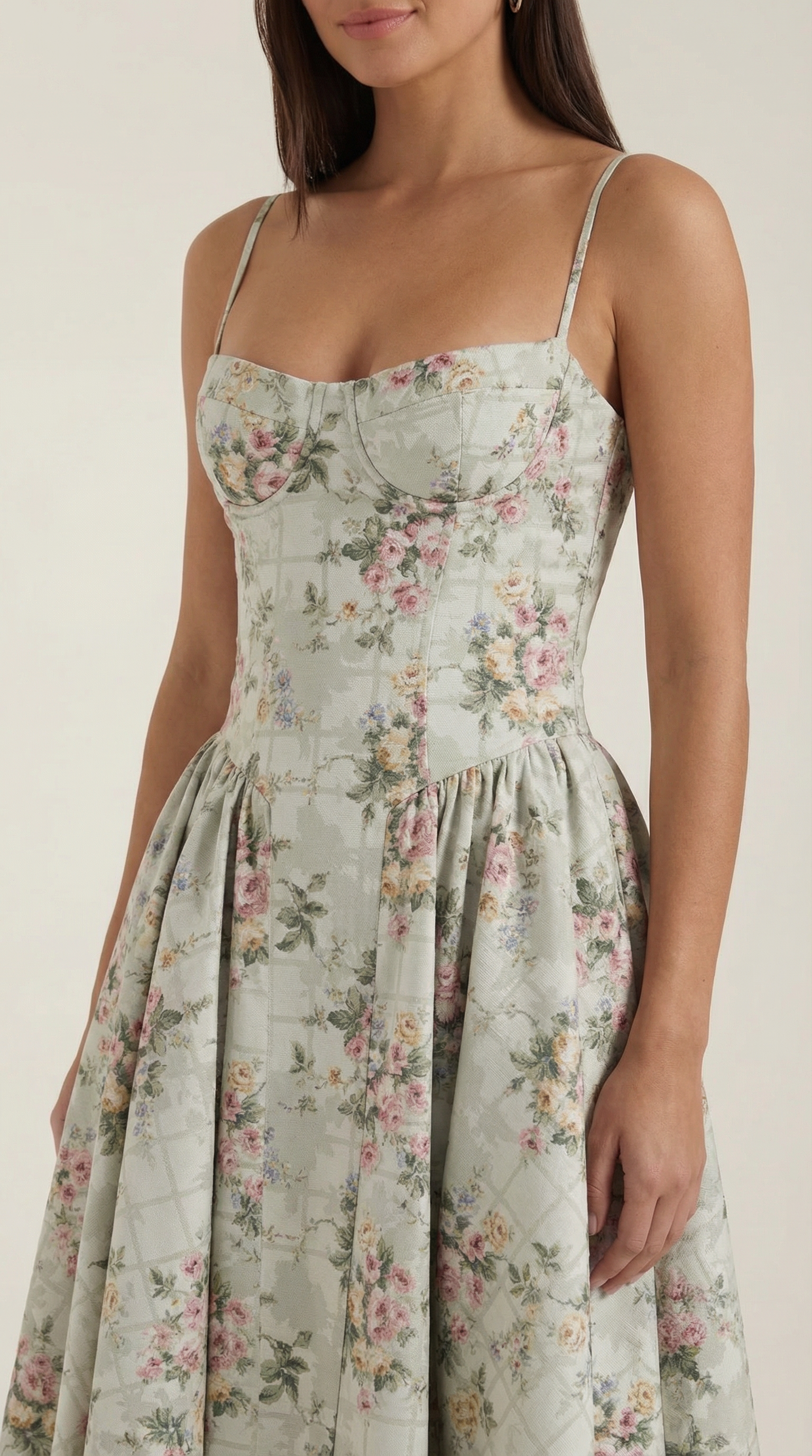 Vestido Midi de Algodão Estilo Corpete com Alças e Estampado Floral para Mulher