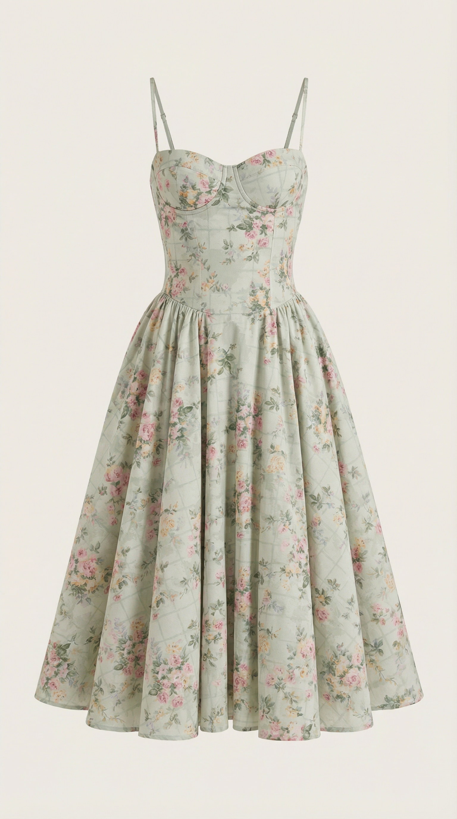 Vestido Midi de Algodão Estilo Corpete com Alças e Estampado Floral para Mulher