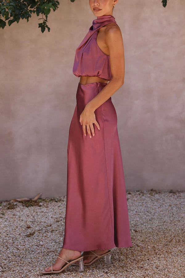 Two-Piece Women's Satin Set with Halter Top and Long Party Skirt