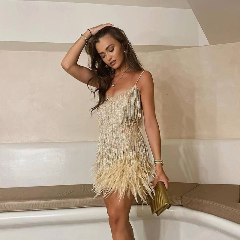 Fitted Mini Sequin Dress with Fringe and Feather Details and V-Neckline