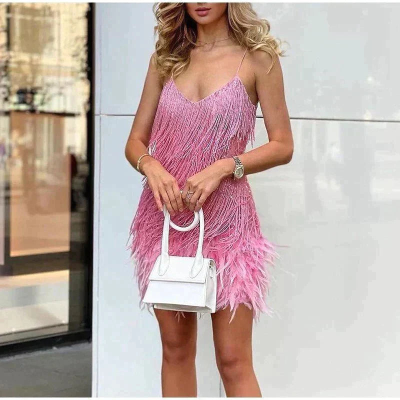 Fitted Mini Sequin Dress with Fringe and Feather Details and V-Neckline