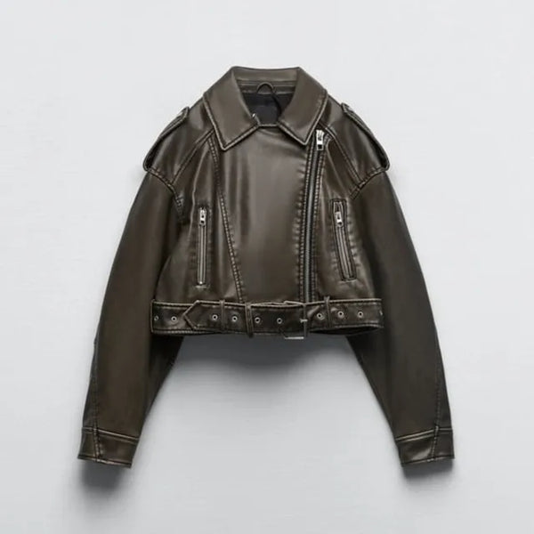 Chaqueta Biker Corta de Efecto Cuero con Cremallera Asimétrica y Cinturón para Mujer