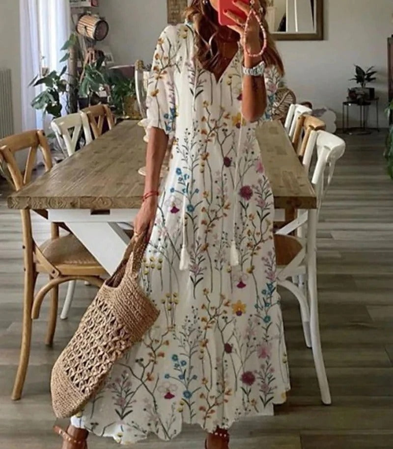 Robe longue femme à imprimé floral avec jupe évasée taille empire