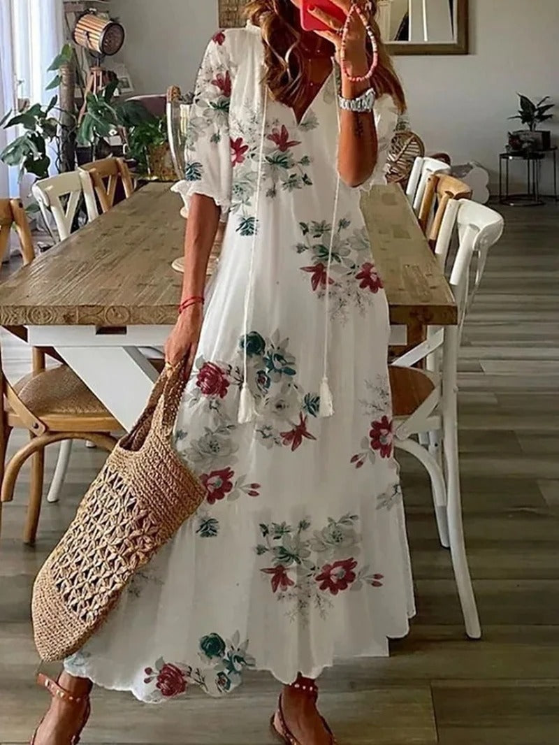Robe longue femme à imprimé floral avec jupe évasée taille empire