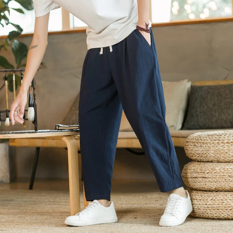 Pantalones de Lino para Hombre con Cintura Elástica y Corte Tapered Recortado