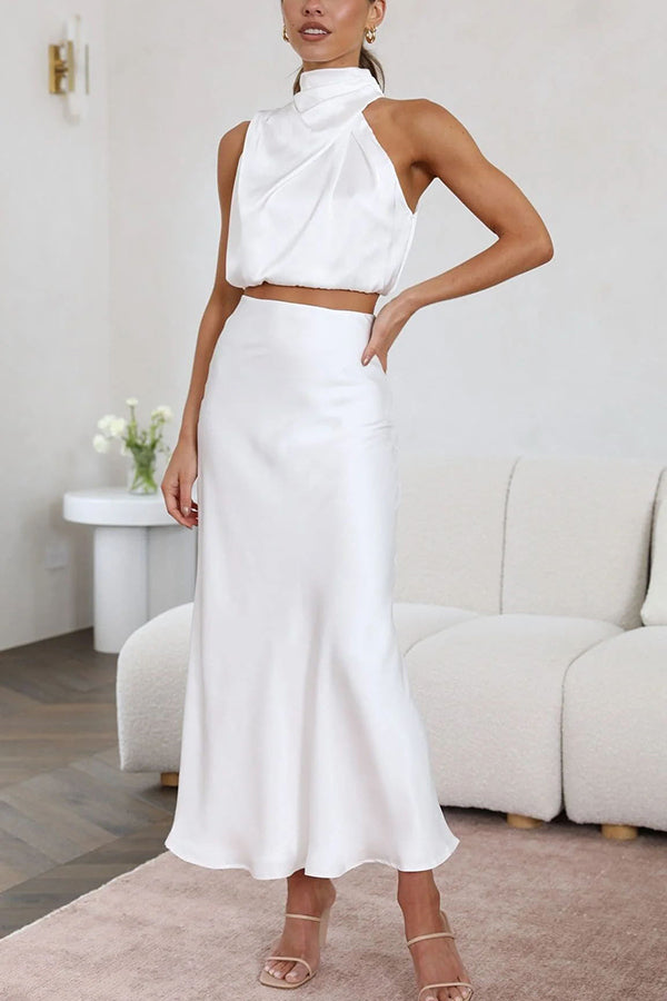 Two-Piece Women's Satin Set with Halter Top and Long Party Skirt