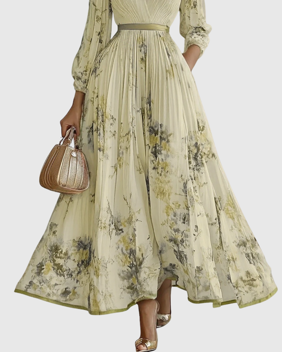 Vestido midi com decote em V — saia plissada e bolsos — eventos