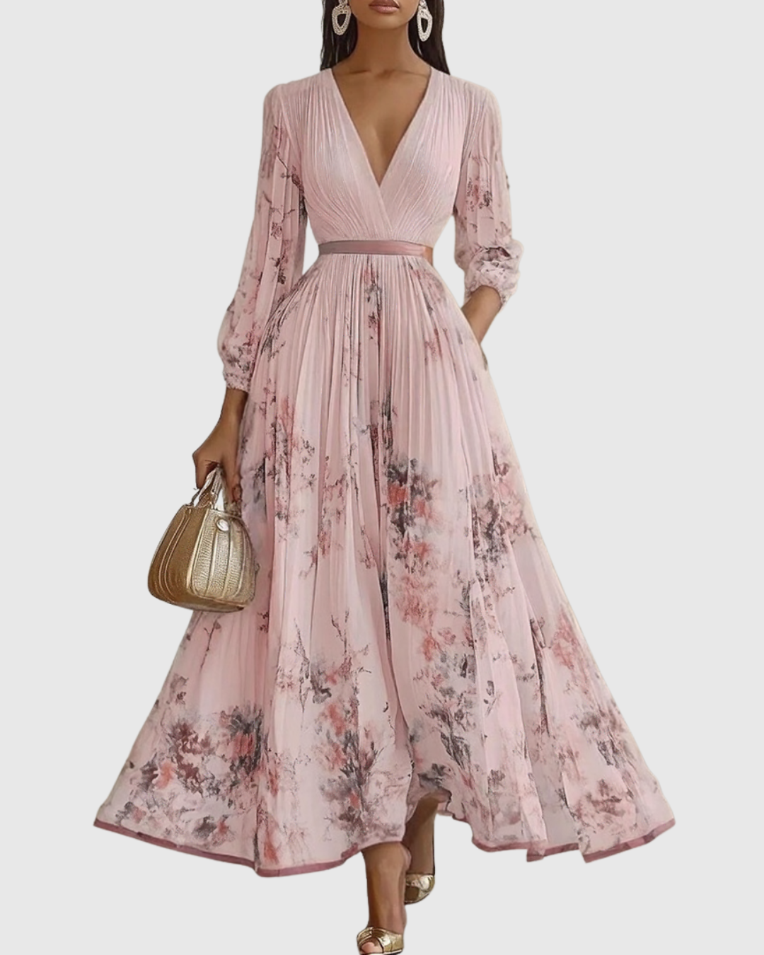 Vestido midi com decote em V — saia plissada e bolsos — eventos