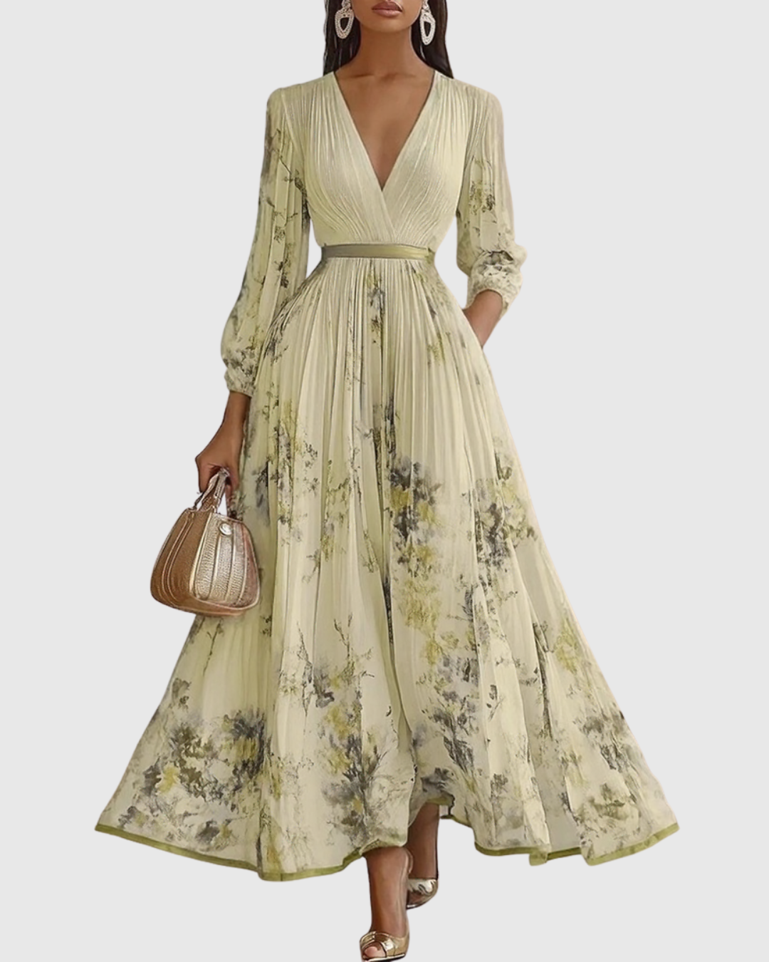 Vestido midi com decote em V — saia plissada e bolsos — eventos