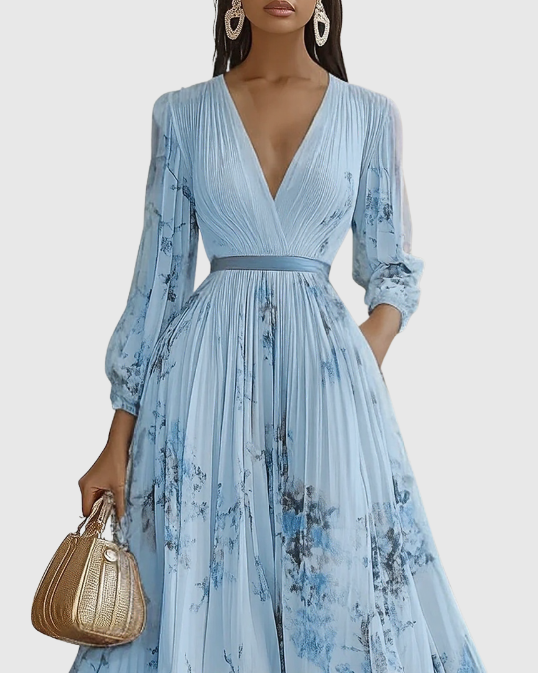 Vestido midi com decote em V — saia plissada e bolsos — eventos