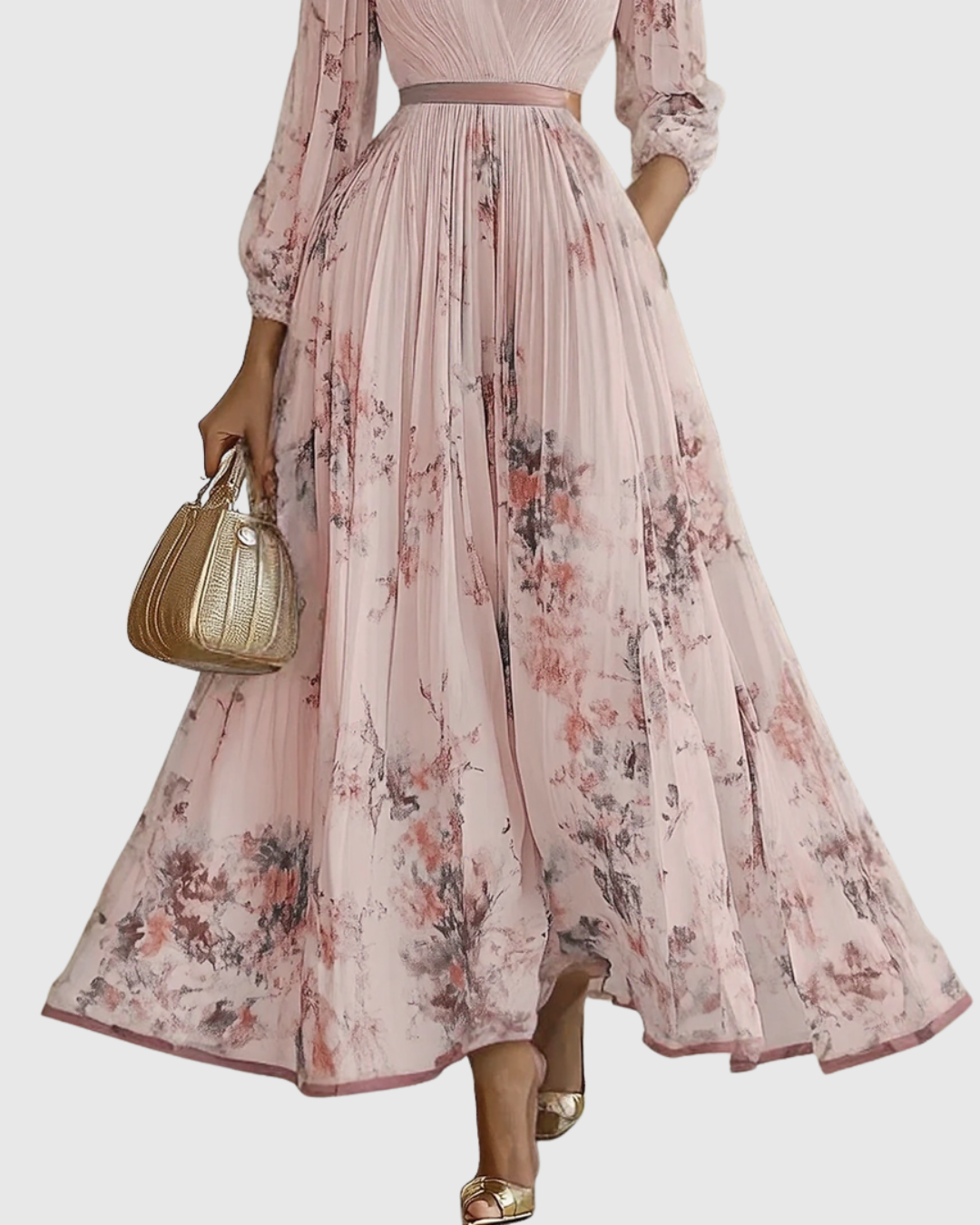 Vestido midi com decote em V — saia plissada e bolsos — eventos