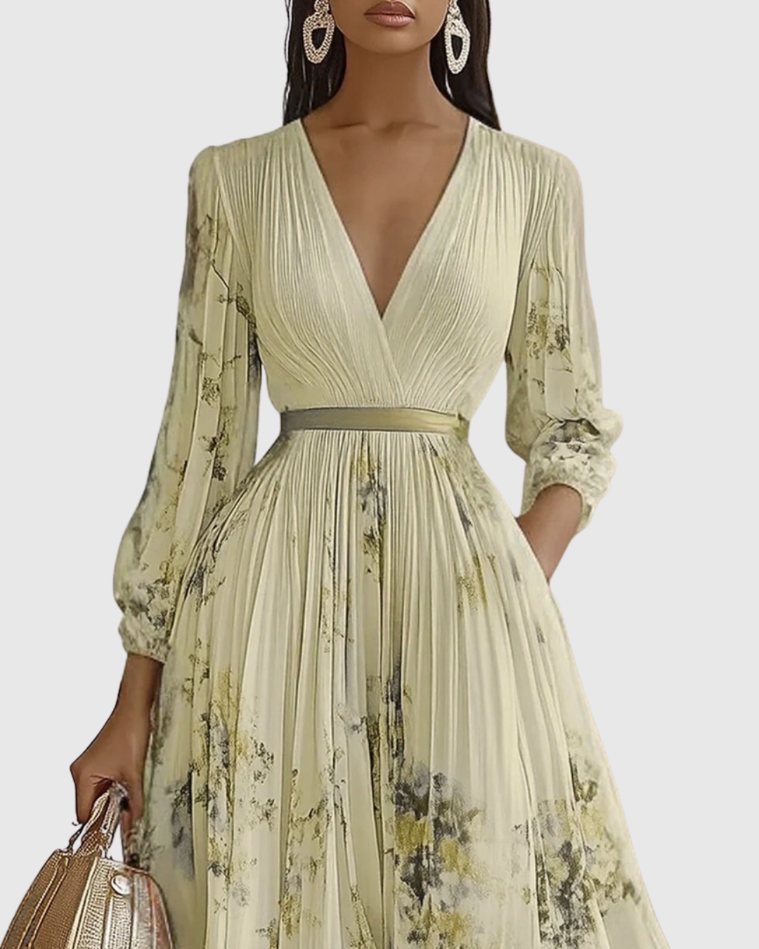 Vestido midi com decote em V — saia plissada e bolsos — eventos