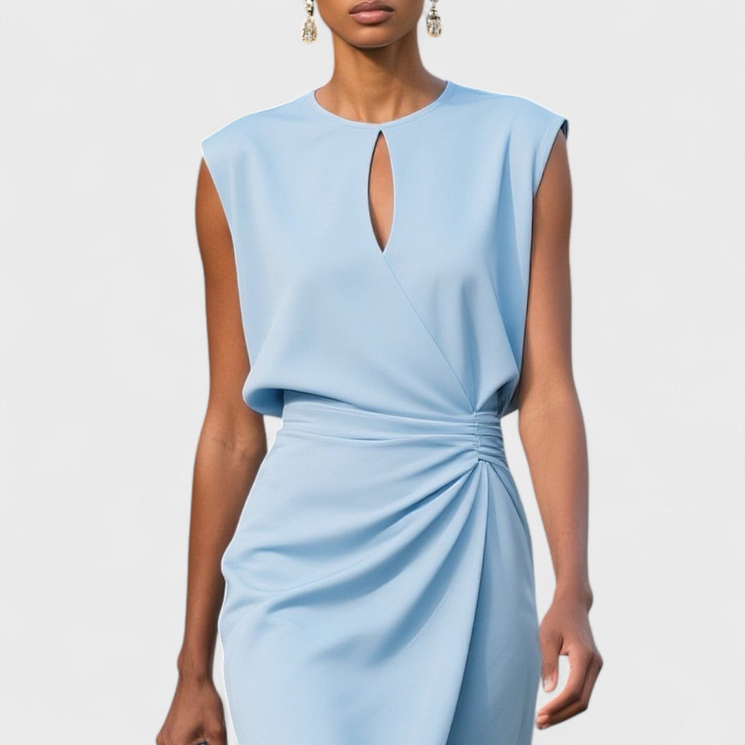 Robe midi croisée avec plis latéraux et col rond pour femme