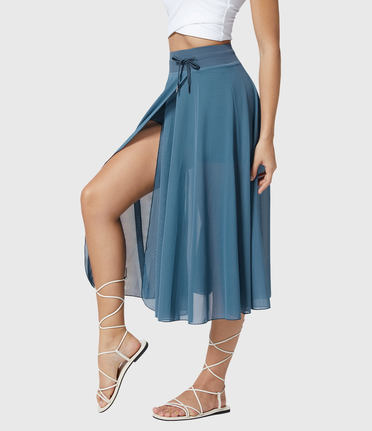 Jupe midi évasée taille haute pour femme avec cordon ajustable