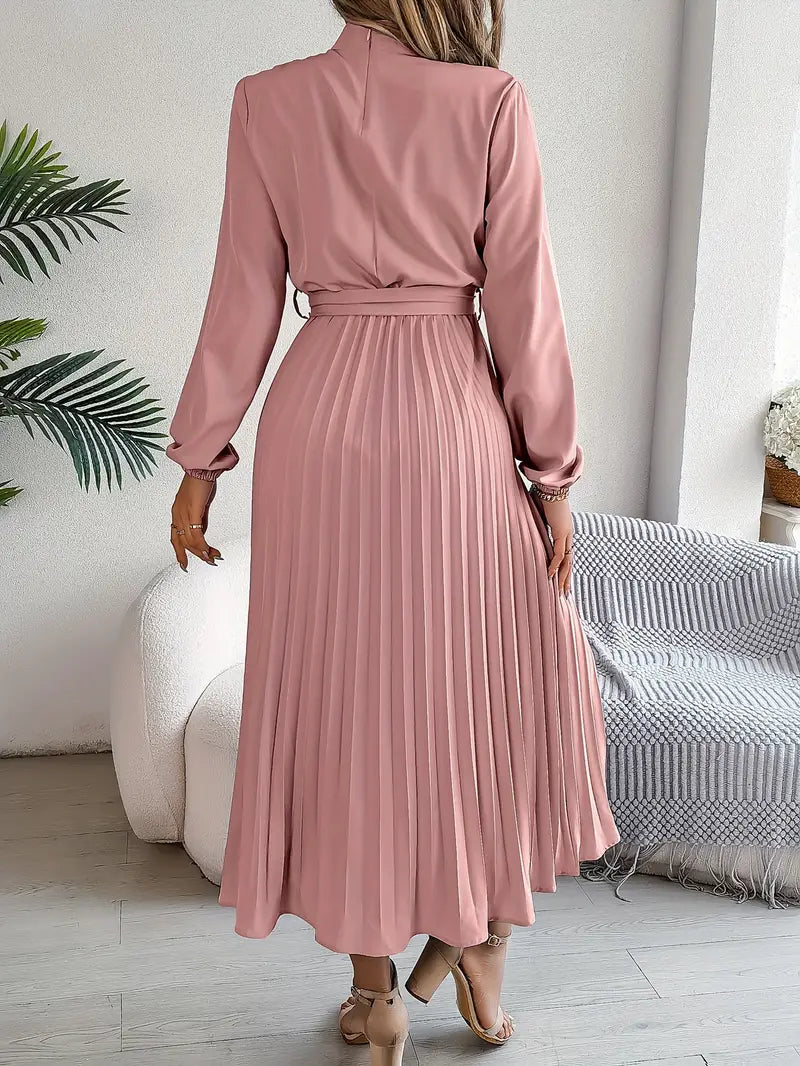 Vestido Longo Plissado de Manga Comprida com Gola Alta e Cinto para Mulher