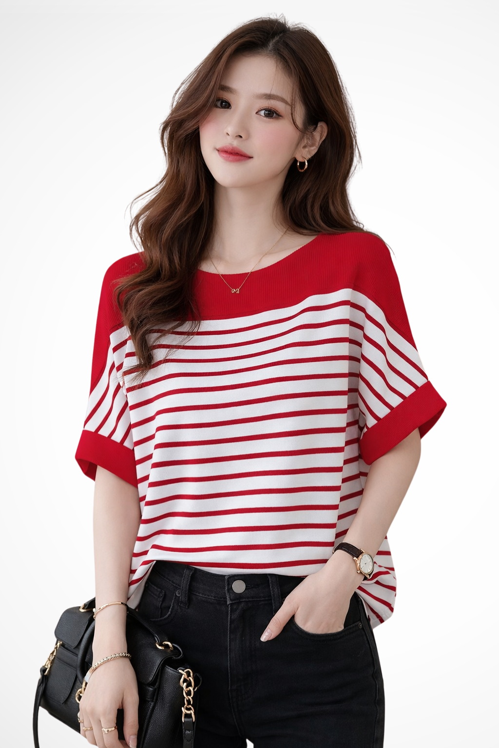 T-shirt às riscas para mulher com decote redondo e corte oversize