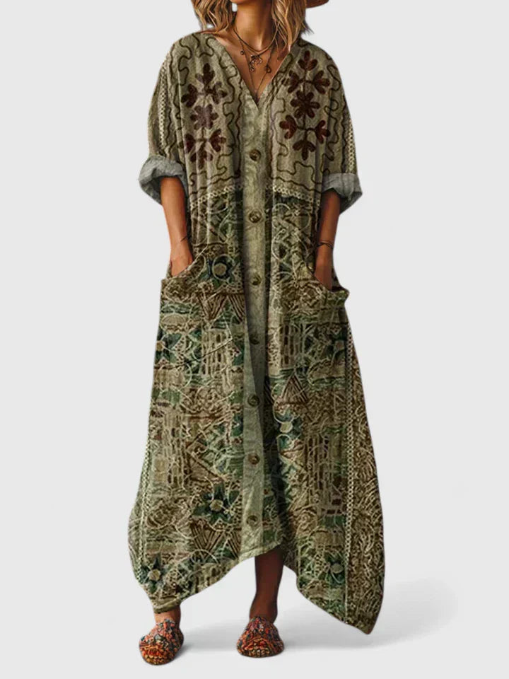 Robe longue pour femme avec col en V et imprimé floral style vintage